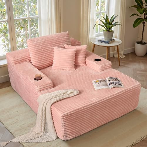 ovios 67'' Chaise Lounge Chair Indoor, Oversized Upholstered Sofa Bed with Cup Holders, Sleeper Couch Reading Chairs Fluffy Plush Faux Fur Cloud Sofas Couches Living Room, Pink