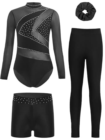 dPois Maillot Patinaje Artistico Niña Leotardo Gimnasia Rítmica con Leggings Pantalones De Danza Traje De Competición Actuación Negro 13-14 años