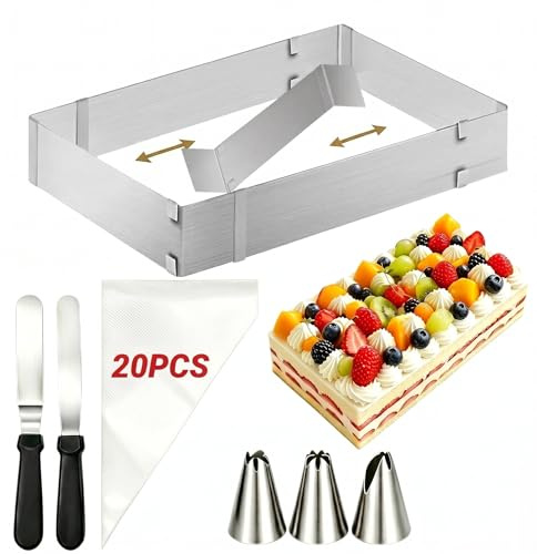 ZOVRIXIA Molde Rectangular Desmontable con Divisor, Extensible Bandeja Rectangular de Acero Inoxidable con Espátula, Manga Pastelera y Boquillas, Molde Bizcocho para Tartas, Pasteles, Pizzas