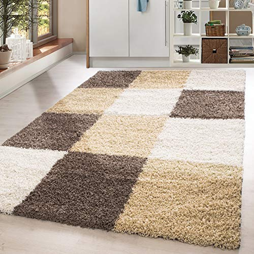 HomebyHome Hochflor Teppich Shaggy kariert 160x230 cm Mokka, weich & flauschig, modernes Karo Muster, rechteckig, perfekt für Wohnzimmer, stilvolles Wohnaccessoire