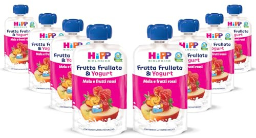HiPP - Frutta Frullata con Yogurt Bio, Cremosa Purea per Bambini al Gusto Mela e Frutti Rossi, Senza Zuccheri Aggiunti, 8 Confezioni da 90 gr