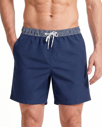 maamgic Costume Uomo Mare Asciugatura Veloce Costume da Bagno Uomo Pantaloncini da Bagno con Fodera in Mesh e Tasche per Piscina Nuoto Sportivi, Cintura A Righe Blu Navy, S