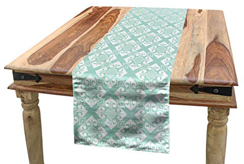 ABAKUHAUS Teal und Weiß Tischläufer, Mosaik-Blumendetail, Esszimmer Küche Rechteckiger Dekorativer Tischläufer, 40 x 180 cm, Grün Weiß