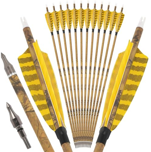 AMEYXGS Camo Carbon Flèche 30 Pouces Pratique Chasse Flèche Spine 500 avec 4 Pouces de Plumes Turquie pour Arc Traditionnel recurve Arc à poulies (6)