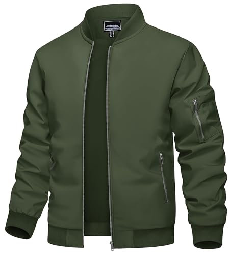 TACVASEN Herren Fliegerjacke Sommer Bomberjacke College Jacket Bomber Pilotenjacke Leicht Baseball Jacke Frühling Übergangsjacke (L, Armeegrün)
