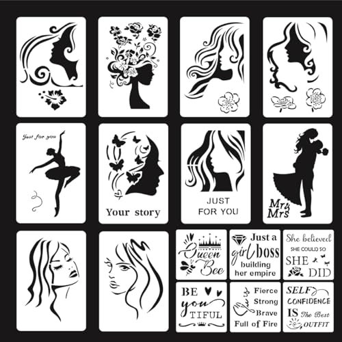 HyzaPhix 16 Stücke Schablonen Set, Frauen mit Floralem Schablonen Inspirierend Zitat Stencils Stencils Template zum Malen Kunst Wandgestaltung DIY Natur Dekor Zeichen (16PCS)