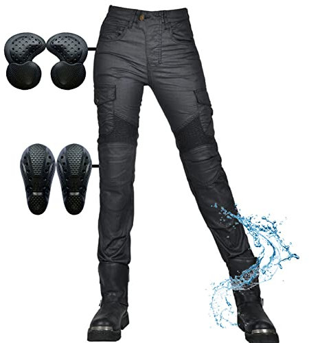 SHUOJIA Jeans de moto pour femme, imperméable, coupe-vent, avec protections amovibles pour les hanches et les genoux, plusieurs poches, Noir, XL