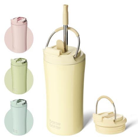 Bottle Bottle Insulated Travel Mug with Straw and Dual-use Lid Thermal Metal Coffee Cup 350ML(12oz) Stainless Steel Coffee Flask Tumbler with Handle Kids Water Bottles(Yellow)