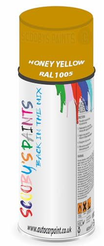 SCOOBYS PAINTS BACK IN THE MIX RAL1005 Honey yellow 400ML Aerosol Spray Paint RAL Colour Can Gloss Shinny Finish DIY Indoor/Outdoor Wood Plastic Metal Heat Resistant Steel