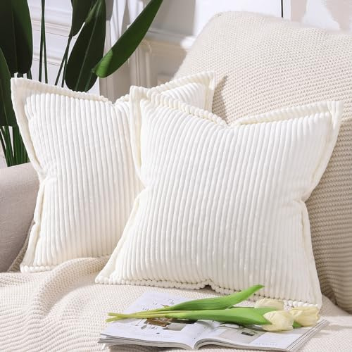 Madizz Juego de 2 Fundas de cojín de Pana con Borde de Flecos a Rayas Funda de cojín Decorativa Suave para Dormitorio sofá Funda de Almohada Blanco Crema 40x40 cm