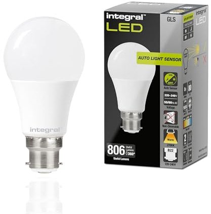 Integral LED 2PK GLS B22 Nicht dimmbare Milchglas Glühlampe mit Dämmerungssensor | Dual Sensor Warm White 2700K, 806lm, 8W (entspricht 60W) für draußen, Veranda, Garage, Garten