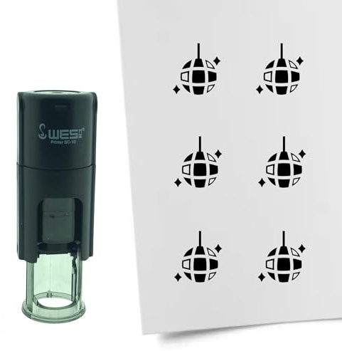 CombiCraft Sello Bola Discoteca 10mm redondo - Tinta negra - Tampón interno recargable - Para marcar papeles con diferentes dibujos para soluciones creativas