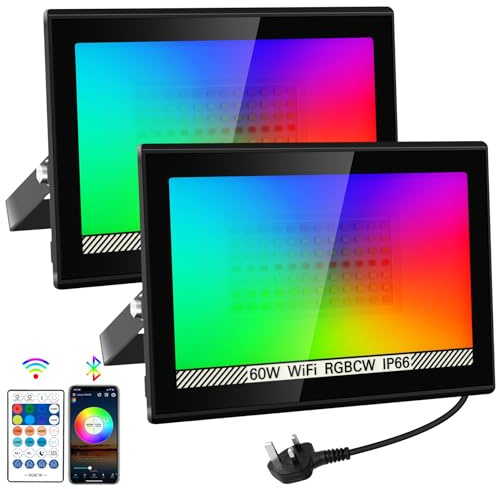 NATPOW RGB Flood Lights, 60W Disco Lights Smart Colour Changing, LED Garden Security Lights with Remote&APP Control IP66 Stage Lights for Christmas, Halloween, Garden Party (2Pack)