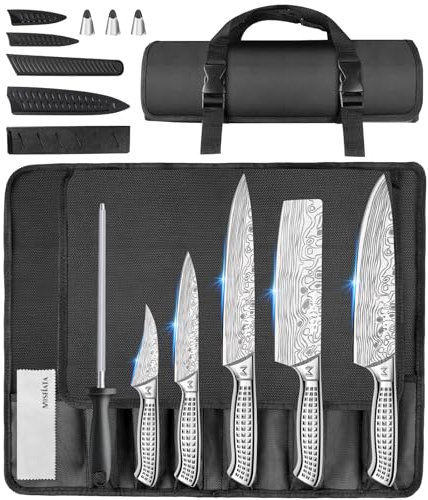 MOSFiATA Chef Knife Set, 10PCS Portable Sharp Kitchen Knife Sets, High Carbon Japanese Stainless Steel Professional Chef Knives Sets with Knives Roll Bag Sharpener