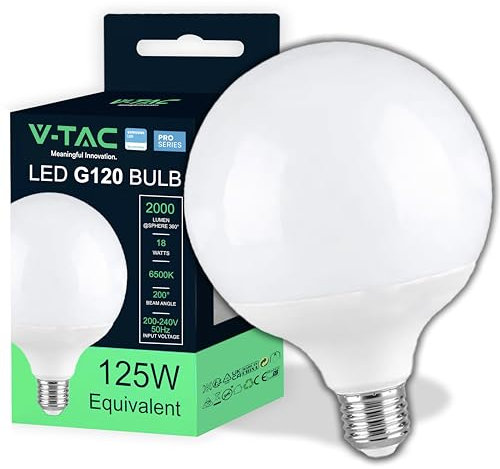 V-TAC LED Glühbirne Globe E27 18W (entspricht 125W) A60-2000 Lumen - LED Lampe Globeform - LED Glühlampen - Energiesparlampe - 6500K Kaltweiß