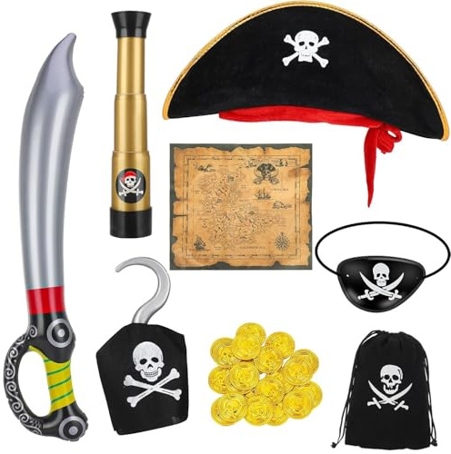 LATERN 8 Piezas Accesorios para Disfraz de Pirata con Sombrero de Pirata Calavera Huesos Cruzados Parche Espada Mapa del Tesoro Telescopio Inflable Moneda de Oro para Niños Pirata Fiesta Cosplay