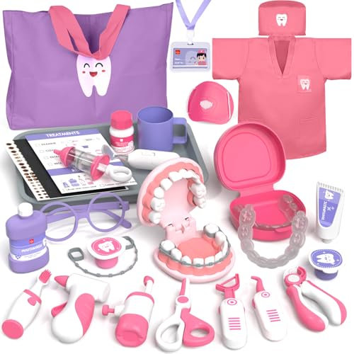 Lehoo Castle Arztkoffer Kinder ab 3 Jahre, Zahnarzt Spielzeug, Doktorkoffer, Rollenspiel für Kinder 3+ Jahren（Rosa）