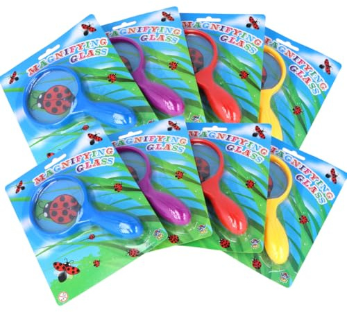 LND Gifts Magnifying Glass Kids Magnifying Glasses Multi Pack Of 8 Large 15cm, Chunky Handle Design Kids Magnifying Glass For Bug Hunting, Science And Nature Exploration And Reading 4 Assorted Colours