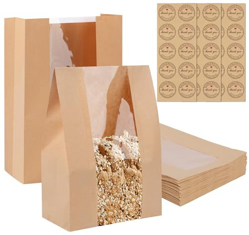 ECOSEAO Paper Bread Bags for Homemade Bread, 30PCS Bread Bags with Window, Large Sourdough Bread Bag, Kraft Bakery Bag for Sandwiches, Biscuits, Cakes(35 x 21 x 9 cm)