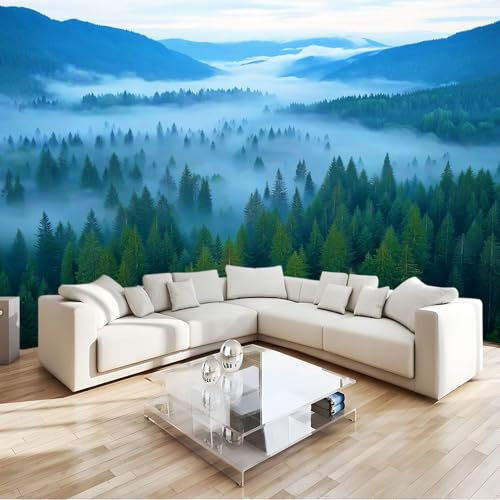 Papel Pintado Murales 250 x 175 cm Fondo De Pantalla Moderna Decoración Turquesa, Valle De Bosque Brumoso Natural Art Papel tapiz fotográfico, Para Comedores Salones Habitaciones Fondo De Tv