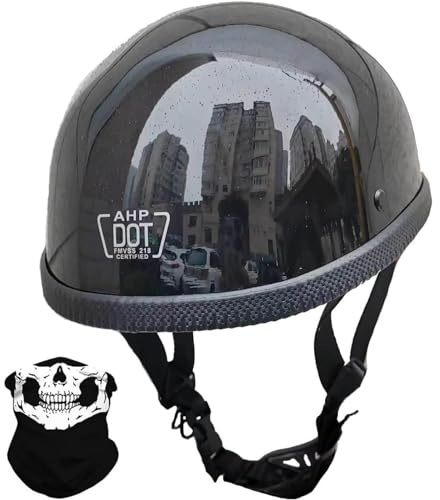 Small Cool Skull Cap Motorcycle Half Shell Helmet for Men Women DOT Approved Vintage Light Beanie Motorbike Half Helmet for Adult Cruiser Moped Novelty Comfortable Cap(Gloss Black,X-Large)