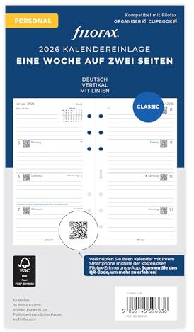 Filofax Kalender Personal 1 Woche auf 2 Seiten vertikal (deutsch)2026