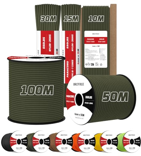 Brotree 4mm Paracord 550 10M 100% Nylon Rope 7 Strands Type III Parachute Cord for Outdoor and DIY - 250kg Breaking Load (Army Green)