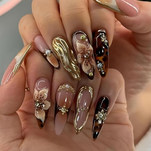RUISPEED 24 pezzi di unghie finte lunghe a mandorla, fiori accessori dorati, unghie artificiali per donne, manicure fai-da-te senza smalto