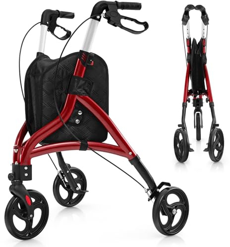 COSTWAY Déambulateur à 3 Roues Pliable en Aluminium, Rollator Hauteur Réglable en 6 Niveaux avec Panier de Rangement Charge 136KG, pour Personnes Âgées, Intérieur & Extérieur (Rouge)