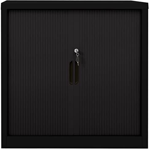 faucqel Skjutdörrsskåp stål 90 x 40 x 90 cm svart med lås och justerbara hyllor för vardagsrum kontor och badrum, robust förvaringsskåp med väggfäste för utrymmesbesparande