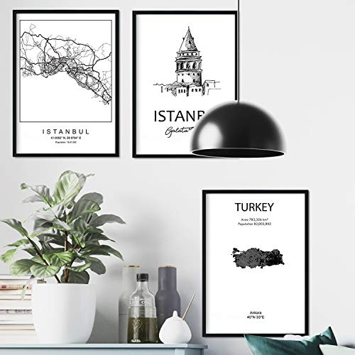 Pack de posters de paises y monumentos. Mapa ciudad Estambul, monumento Galata tower y mapa Turquia. Tamaño A3