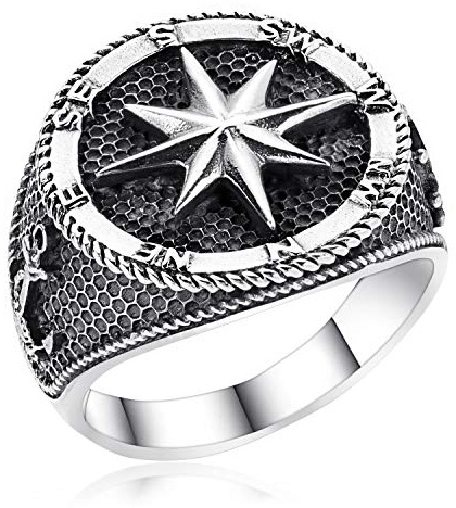 MATERIA Herrenring Kompass Silber 925 breit - Siegelring Herren Ringe 18,8mm Windrose Nautischer Stern antik schwarz SR-15-59