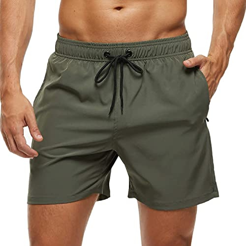 Arcweg Badehose für Herren mit Reißverschlusstasche Atmungsaktiv Wasserabweisend Badeshorts Männer Trainingsshorts Elastisch Verstellbar Mit Tunnelzug Meshfutter Grün XXL(EU)