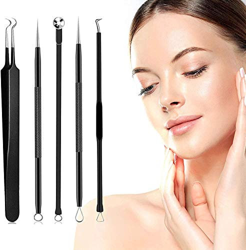 Extracteur Point Noir, [5 Pièce] Kit Extracteur Professional Pince Point Noir, Acier Inoxydable Blackhead Remover pour Retire Comédons, les Boutons et les Pustules(noir)
