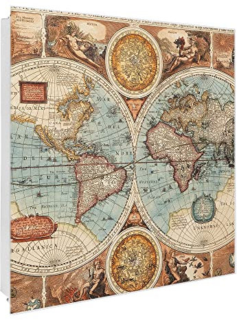 banjado Großer Schlüsselkasten Glas - Schlüsselbox 30x30cm mit 50 Haken - Schlüsselkasten modern für Schlüsselaufbewahrung mit beschreibbarer, magnetischer Glastür - Motiv Weltkarte