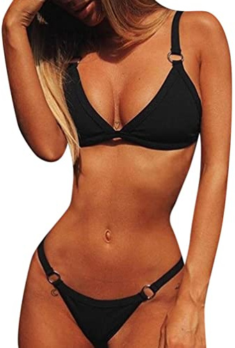 CheChury Maillot de Bain 2 Pieces Femme Sexy Taille Basse Bandage Bikini Bresilien Push Up Swimwear De Plage Taille Basse Brésilien String Bas de Bikini,Noir,L