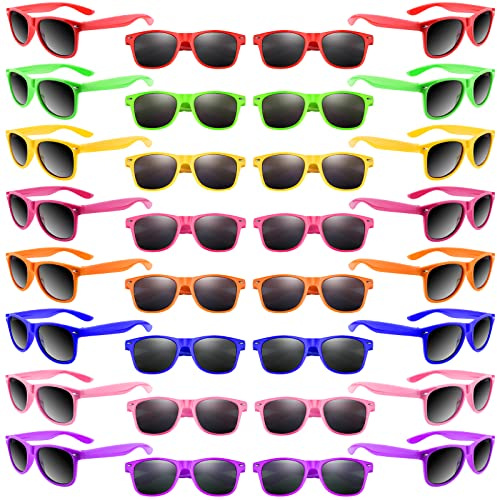 Morcheiong Paquete de 32 lentes de sol de colores neón para niños, gafas de sol de fiesta, recuerdos de fiesta, regalo divertido para fiesta de cumpleaños, playa, fiesta en la piscina