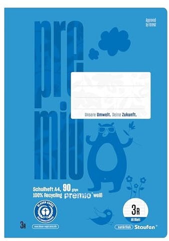 Staufen premio Schulheft - 4 Hefte je 16 Blatt, DIN A4, Lineatur 3R (21 Doppellinien mit Rand), 90 g/m² Recyclingpapier, runde Ecken verhindern „Eselsohren“