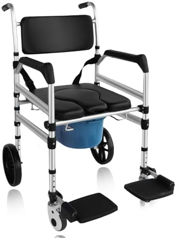 Eosprim Toilettenrollstuhl Höhenverstellbar, Toilettenstuhl für Senioren mit Rollen, Nachtstuhl für Senioren, Duschstuhl mit Rollen für Behinderte, toilettenstuhl fahrbar with Arms