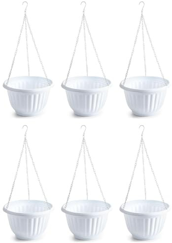 Acan Tradineur - Pack de 6 macetas Redondas Colgantes de plástico, Tiesto, macetero, Recipiente para Plantas, Flores, balcón, terraza, hogar, Fabricada en España (Blanco, 25 x 15 cm)