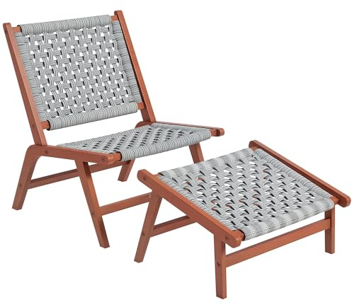 Outsunny Fauteuil de Jardin avec Repose-Pieds - Chaise Relax en Bois d'acacia et Corde résine tressée - Naturel, Gris