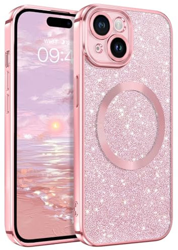 BENTOBEN Funda Magnética para iPhone 15 6,1 Pulgados [Compatible con Magsafe] Carga Inalámbrica Carcasa iPhone 15 Funda Cover Ultra Delgada Brillante Purpurina Silicona Resistente Anti-Arañazos -Rosa