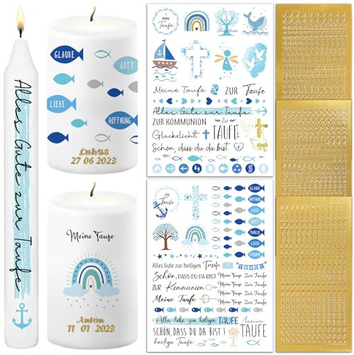 BOFUNX 2pcs Kerzentattoos Kommunion Taufe Kerzen Tattoofolie + 3pcs Groß- und Kleinbuchstaben Kerzen Sticker Gold Zahlen Aufkleber für Taufkerze Kommunionkerze Basteln