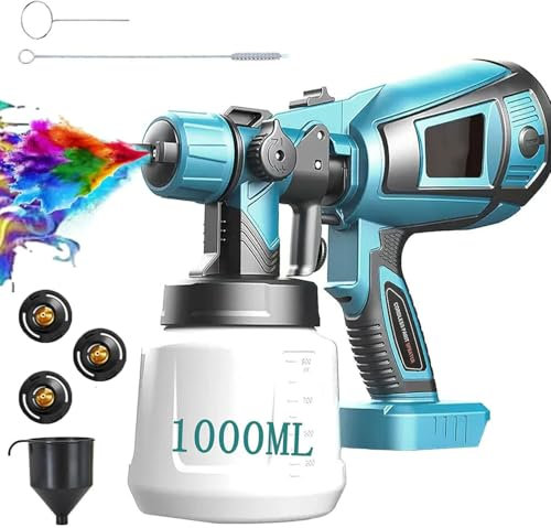Akku Farbsprühsystem, Ersatz für Makita Lackierpistole, mit abnehmbarem 1000ml-Farbeimer, kompatibel mit Makita 18V Akkus, zum Streichen von Wänden Sprühgerät(ohne Akku, Kein Akku, Kein Ladegerät)