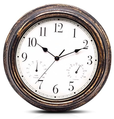 WIYETY 30cm Lautlose Wanduhr Outdoor mit Thermometer & Hygrometer - Innen Draussen Gartenuhr, Retro Gartenuhr Wetterfest, Wasserdicht für Küche, Badezimmer, Veranda (Braun, Kunststoff)