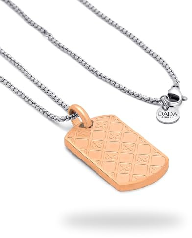 Dada Gioielli - Halsband för män med hundtagg, hängsmycke i rostfritt stål, diamantmönster design, kedja 45 + 5 cm, guld, rosa och svart silver, Unica, Rostfritt stål, Ingen ädelsten