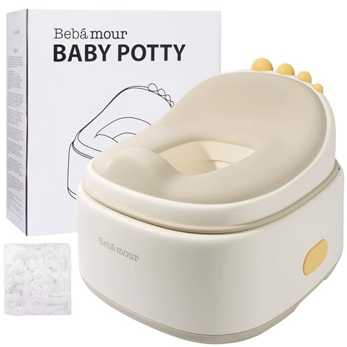 Bebamour Barnresepotta vikbar toalett barnstol bärbar potträning potträning med 100 stycken potty liners, Khaki Dino