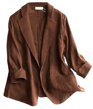 Mywinway - Blazer da donna casual, a maniche 3/4, leggero, in cotone e lino, per l'estate e la primavera, Caffè, Large