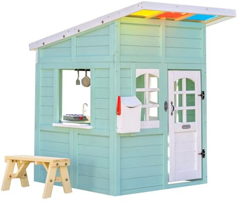 Teamson Kids Rainbow Shade Wooden Playhouse in Mint with Colorful Roof, Kitchen, Bench, Mailbox & Doorbell, Inspires Imagination, Confidence & Play