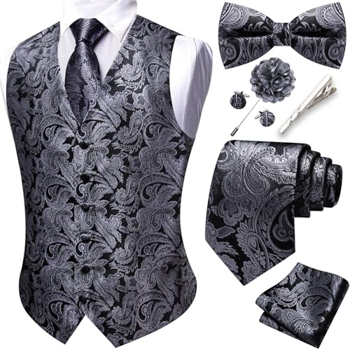 Barry.Wang Paisley herrväst formell kostym västar slips fluga set jacquard klämma hanky manschettknappar pin bröllop 8 st, gråsvart, L